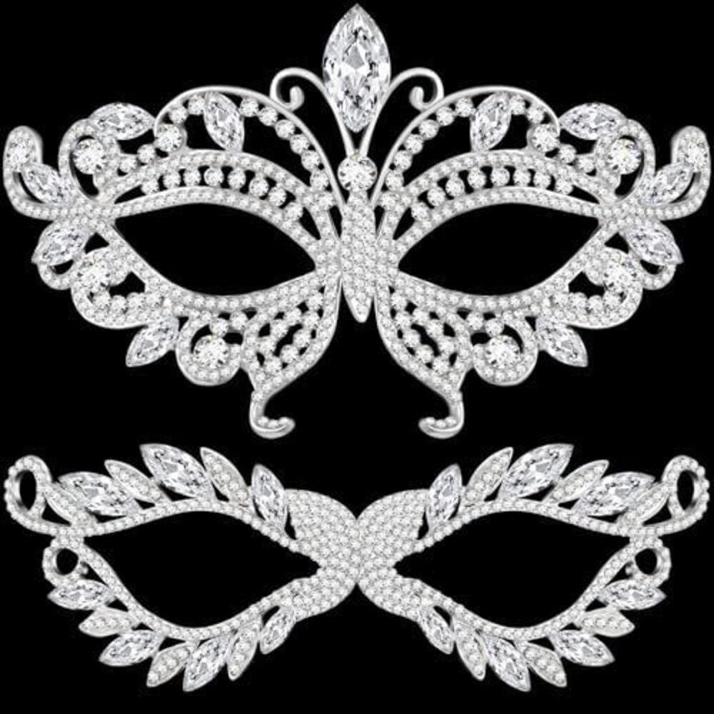 8834 2 Pcs Rhinestone Masquerade Mask Couple Diamond Venetian Crown Mask